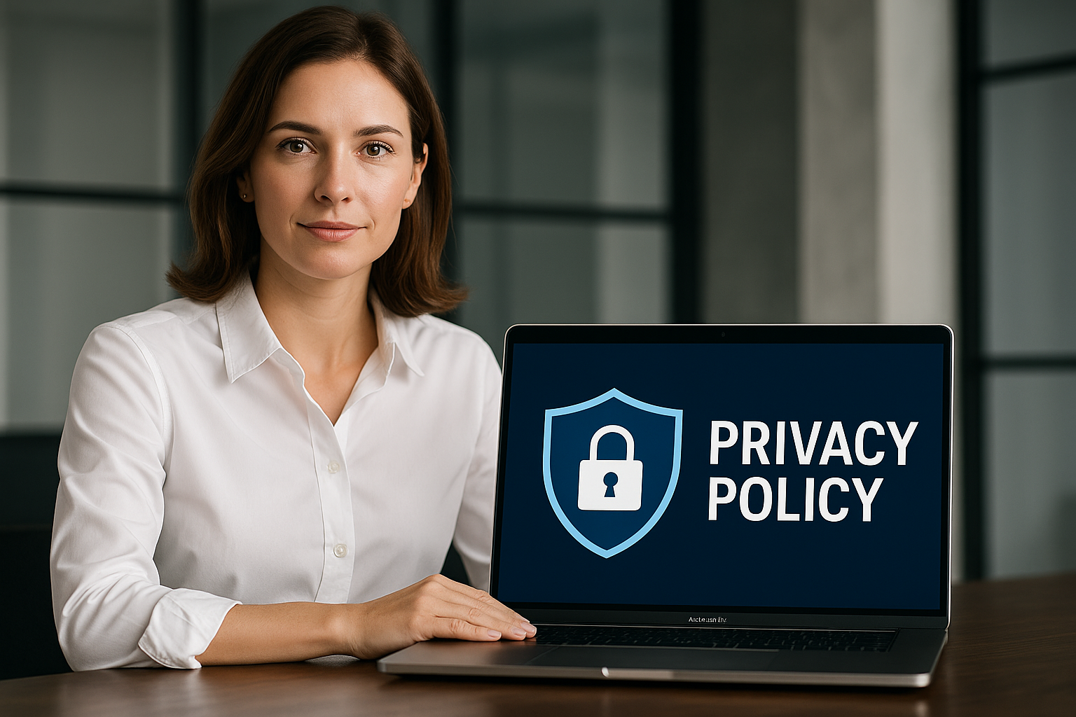 A confident businesswoman in a white shirt sits at a desk, holding a laptop that displays a blue shield icon with the words "Privacy Policy" on the screen.