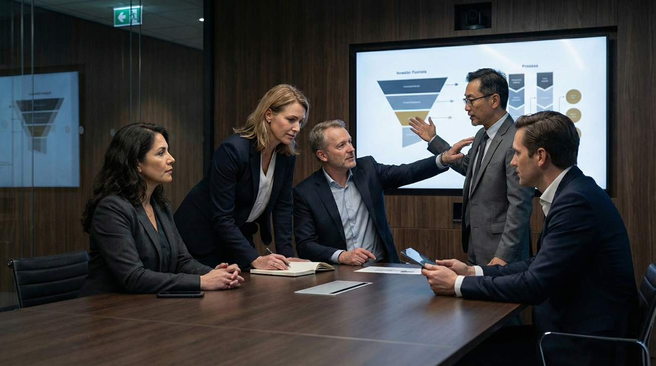 Experienced capital markets professionals collaborating on investor funnels, compliance workflows, and AI-enabled marketing strategy in a private strategy session.